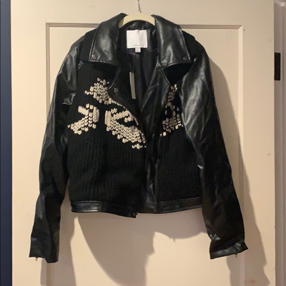 Anthropologie Aztec sweater leather jacket